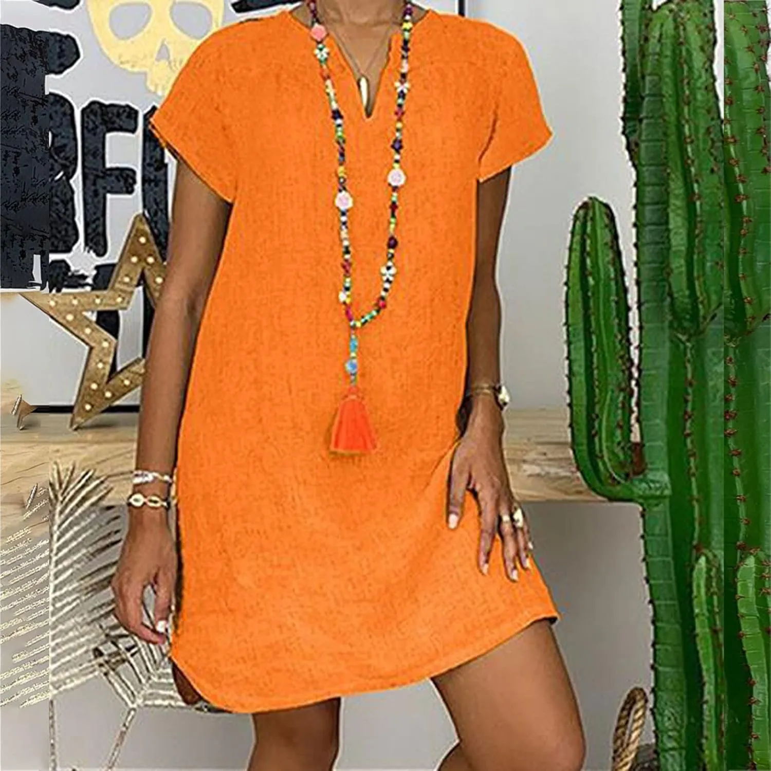V Neck Casual Dress for Women Plain Summer Linen Mini Dresses Short Sleeve Loose Short Dress 2024 Trendy Sundress