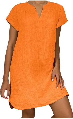 V Neck Casual Dress for Women Plain Summer Linen Mini Dresses Short Sleeve Loose Short Dress 2024 Trendy Sundress