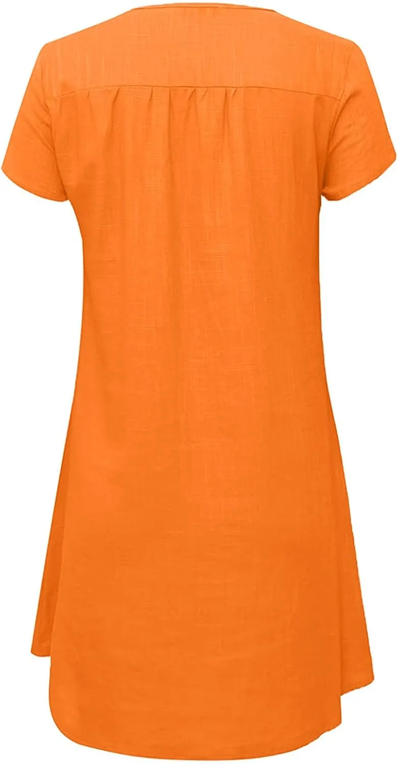 V Neck Casual Dress for Women Plain Summer Linen Mini Dresses Short Sleeve Loose Short Dress 2024 Trendy Sundress