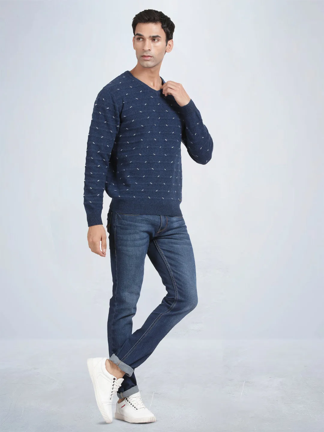 V Neck Jacquard Lambswool Deep Indigo Full Sleeve Pullover
