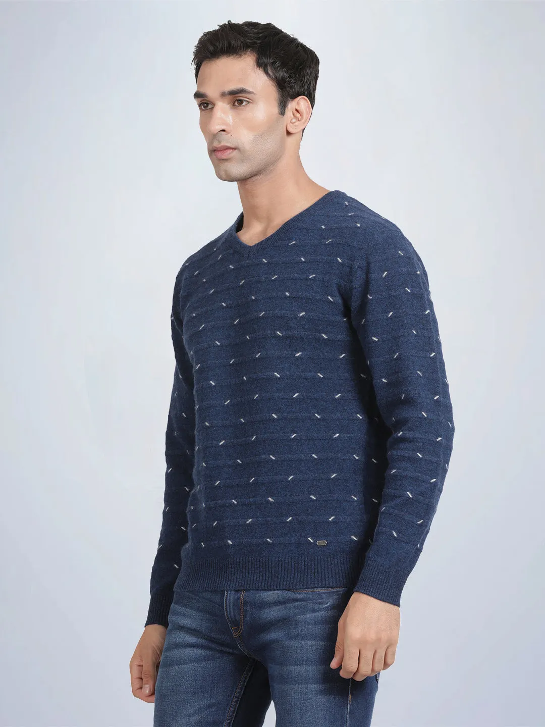 V Neck Jacquard Lambswool Deep Indigo Full Sleeve Pullover