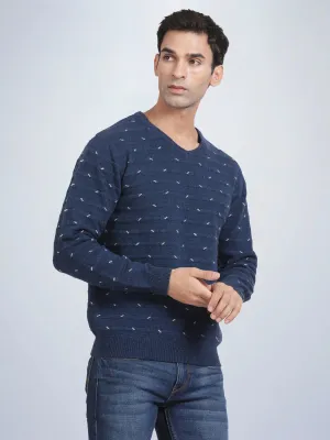 V Neck Jacquard Lambswool Deep Indigo Full Sleeve Pullover