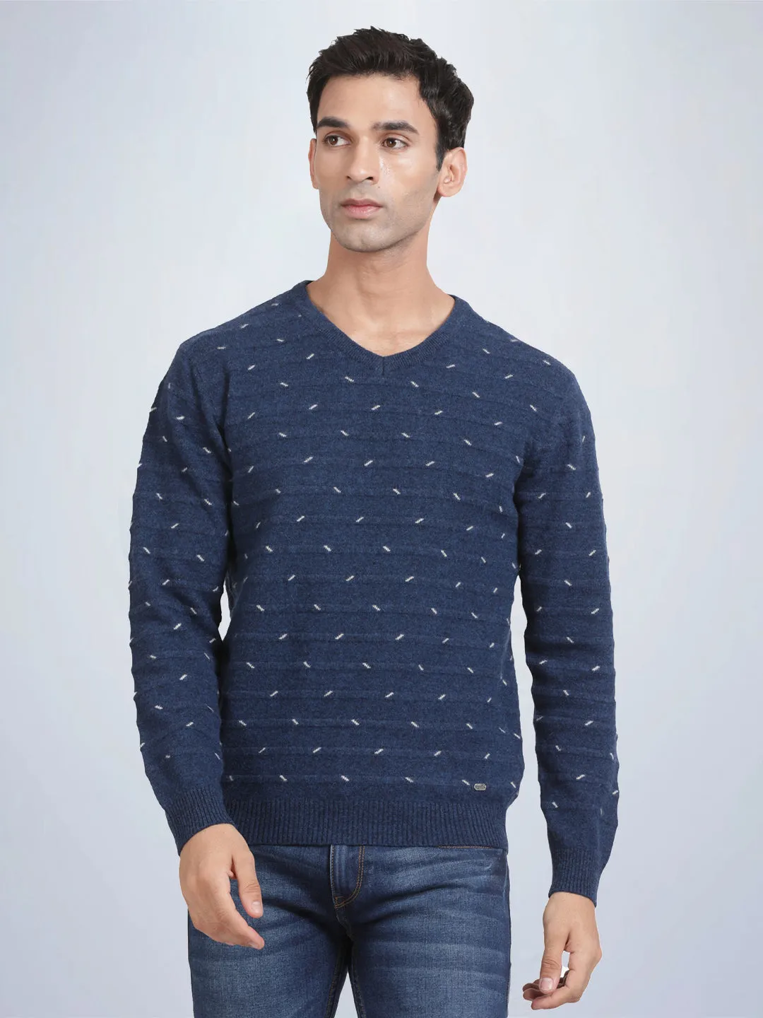 V Neck Jacquard Lambswool Deep Indigo Full Sleeve Pullover
