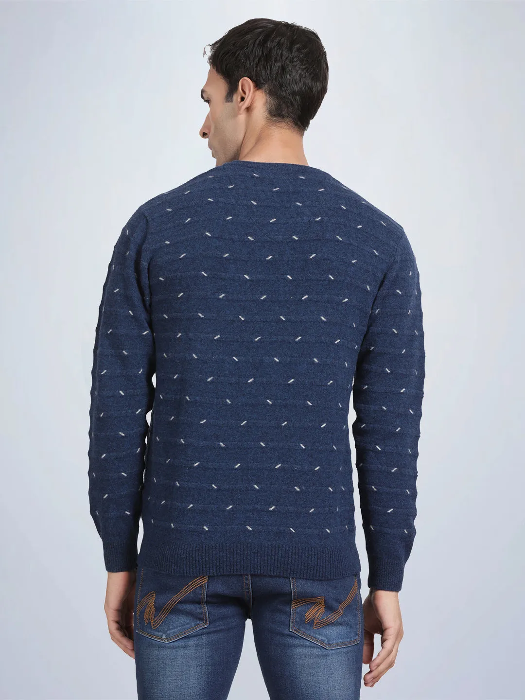 V Neck Jacquard Lambswool Deep Indigo Full Sleeve Pullover
