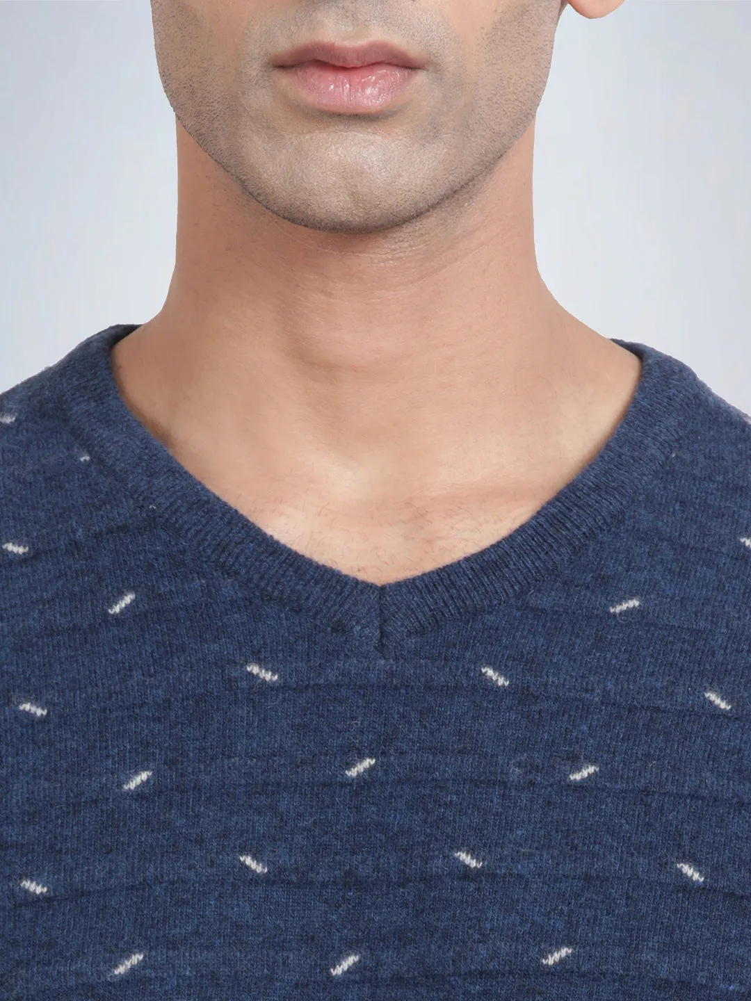 V Neck Jacquard Lambswool Deep Indigo Full Sleeve Pullover