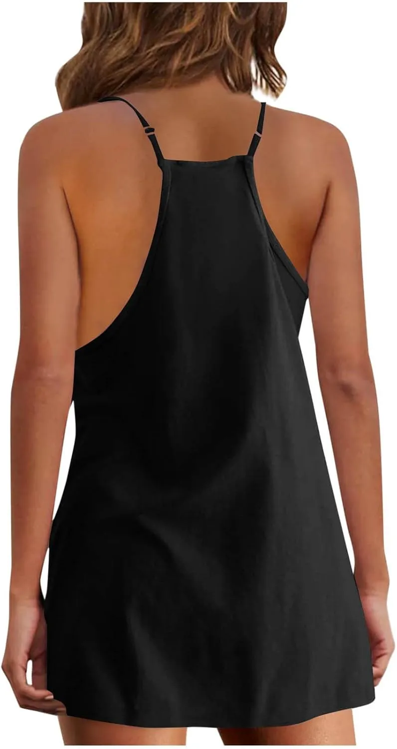 Vacation Dresses for Women 2025 Casual Sleeveless Cute Sundress Ladies Sexy Summer Mini Tank Dress with Pockets