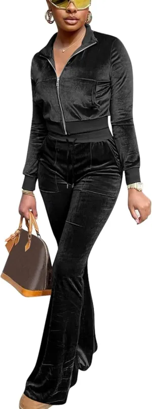 Velour Tracksuit Womens 2 Piece Outfits Zip Up Cropped Jacket Top and Flare Pants Sweatsuits