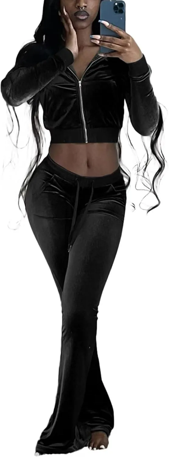 Velour Tracksuit Womens 2 Piece Outfits Zip Up Cropped Jacket Top and Flare Pants Sweatsuits