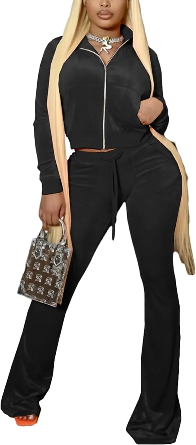 Velour Tracksuit Womens 2 Piece Outfits Zip Up Cropped Jacket Top and Flare Pants Sweatsuits