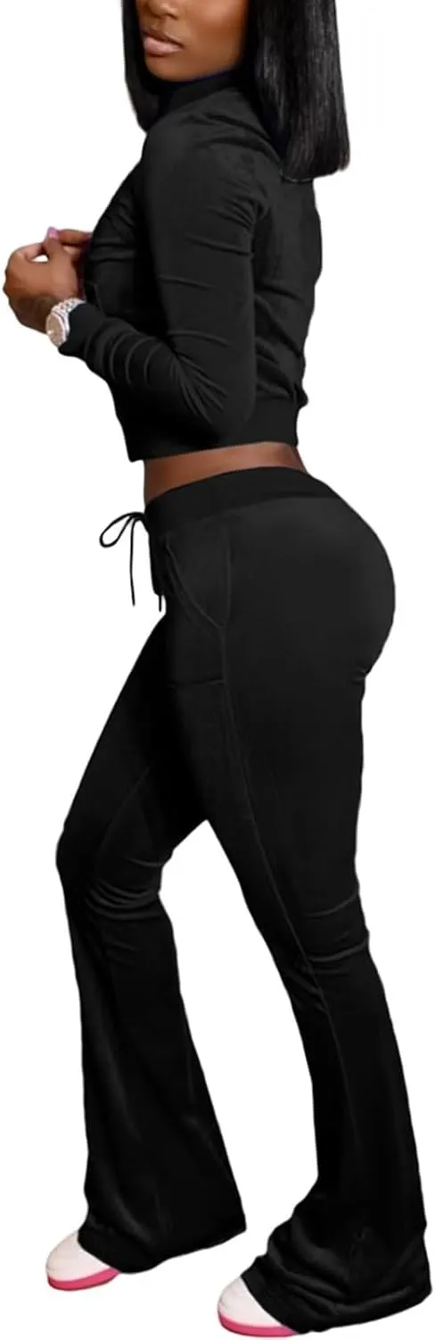 Velour Tracksuit Womens 2 Piece Outfits Zip Up Cropped Jacket Top and Flare Pants Sweatsuits
