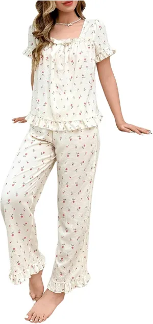 Verdusa Women's 2 Piece Pajama Sets Floral Print Puff Sleeve Bow Front Square Neck Short Sleeve Top and Pants Pajama Set