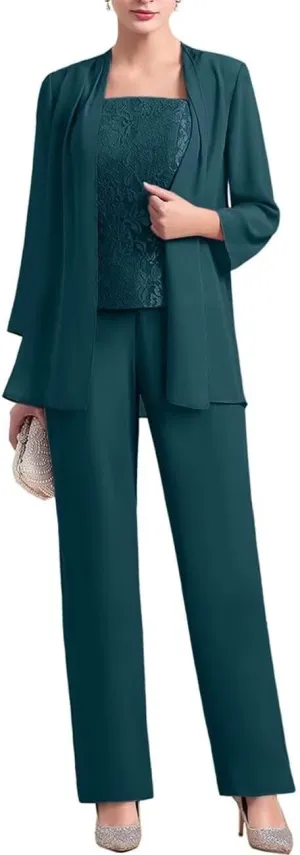 VK Selec 3 Pcs Mother of The Bride Pant Suit for Wedding 3/4 Sleeves Lace Formal Pants Outfit with Jacket