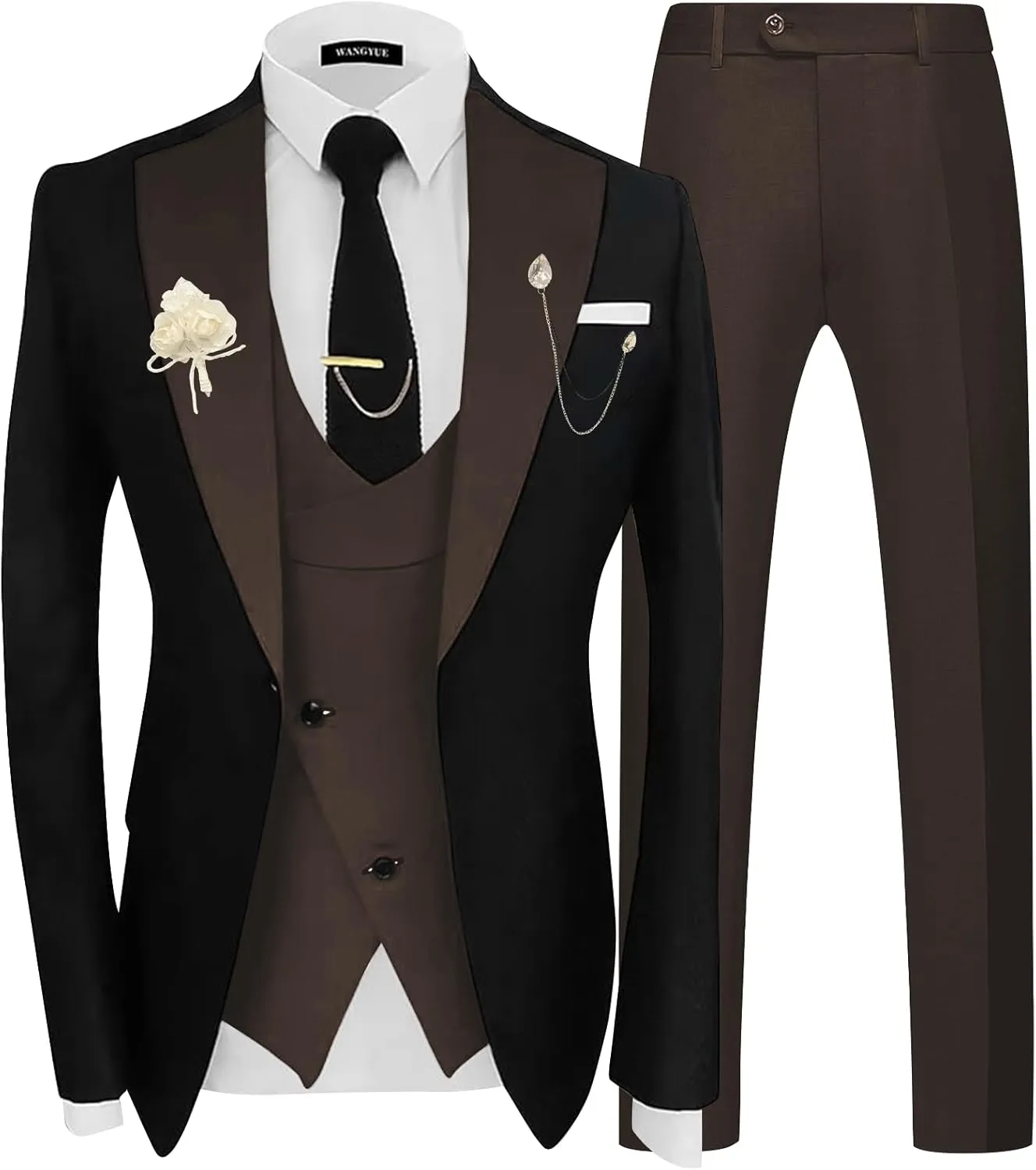 Wangyue 3 Piece Mens Tuxedo Suit Slim Fit Suits for Men Double Breasted Wedding Prom Tuxedos Blazer Vest Pants Sets 2025