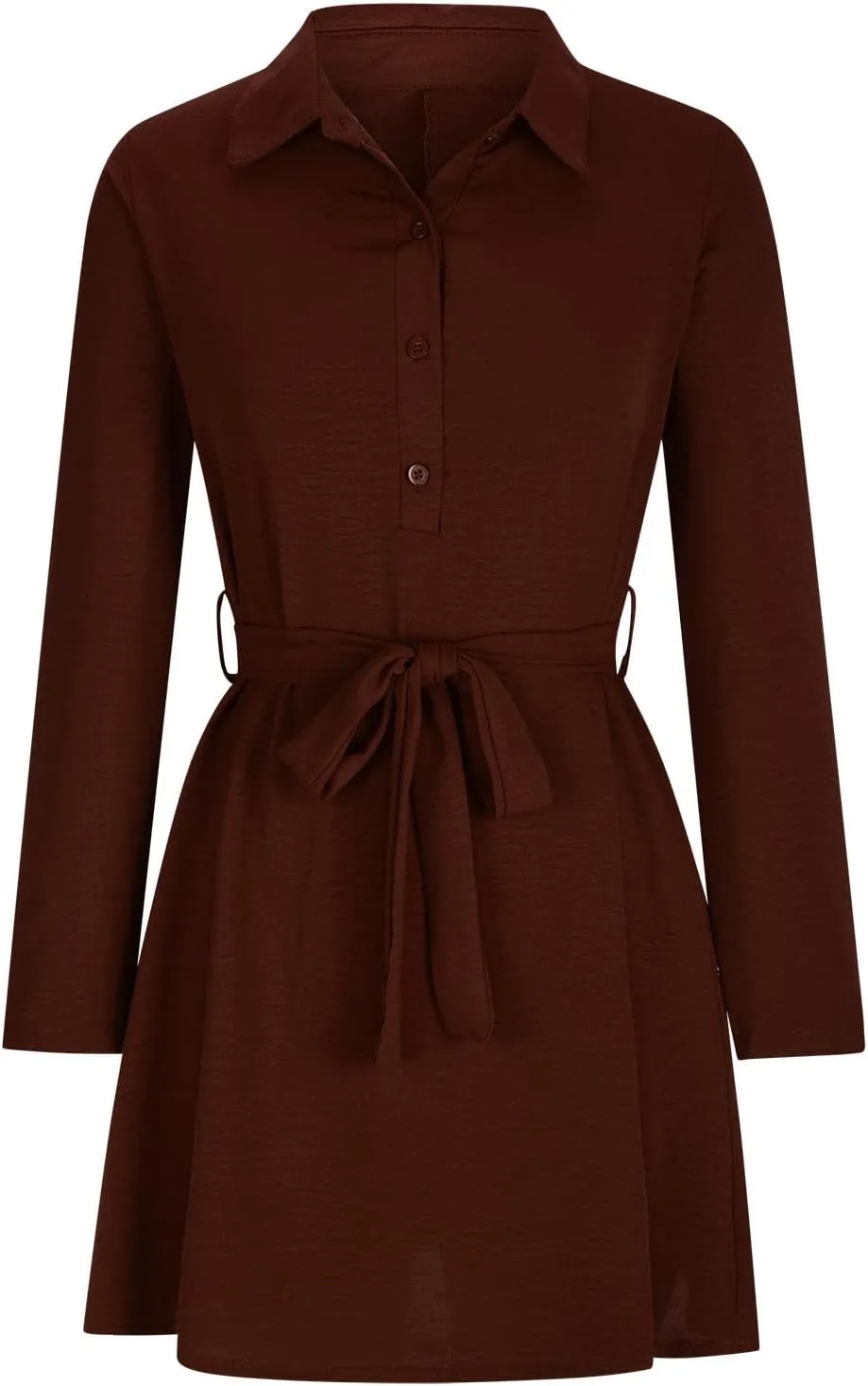 Women 2024 Loose Mini Dress Button V Neck Tie Waist Dresses Casual Long Sleeve Plain Shift Tunic