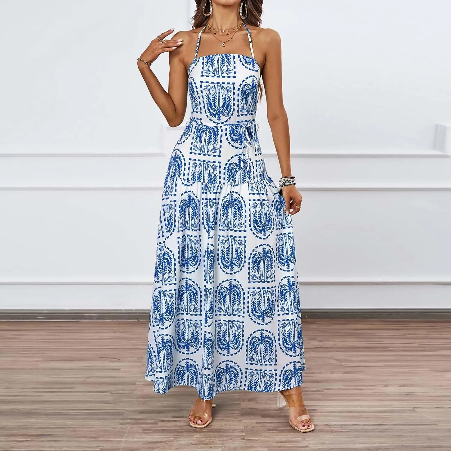 Women Boho Halter A-Line Dress Hawaiian Palm Tree Print High Waist Midi Dresses Lace-Up Beach Vacation Sundress