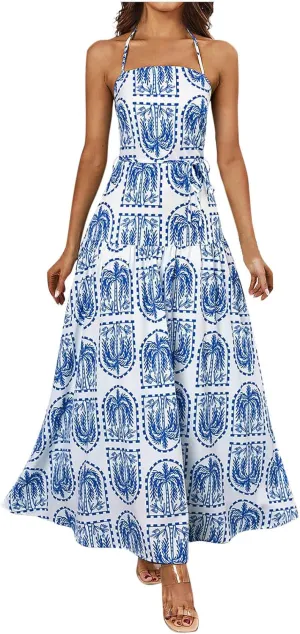 Women Boho Halter A-Line Dress Hawaiian Palm Tree Print High Waist Midi Dresses Lace-Up Beach Vacation Sundress
