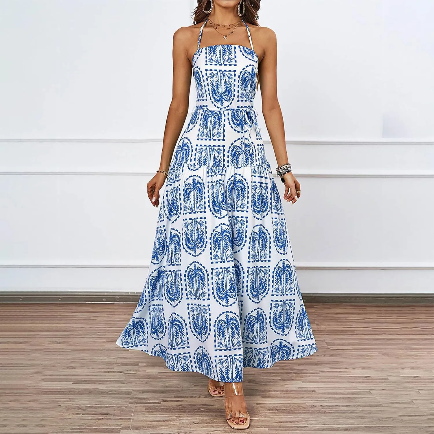 Women Boho Halter A-Line Dress Hawaiian Palm Tree Print High Waist Midi Dresses Lace-Up Beach Vacation Sundress