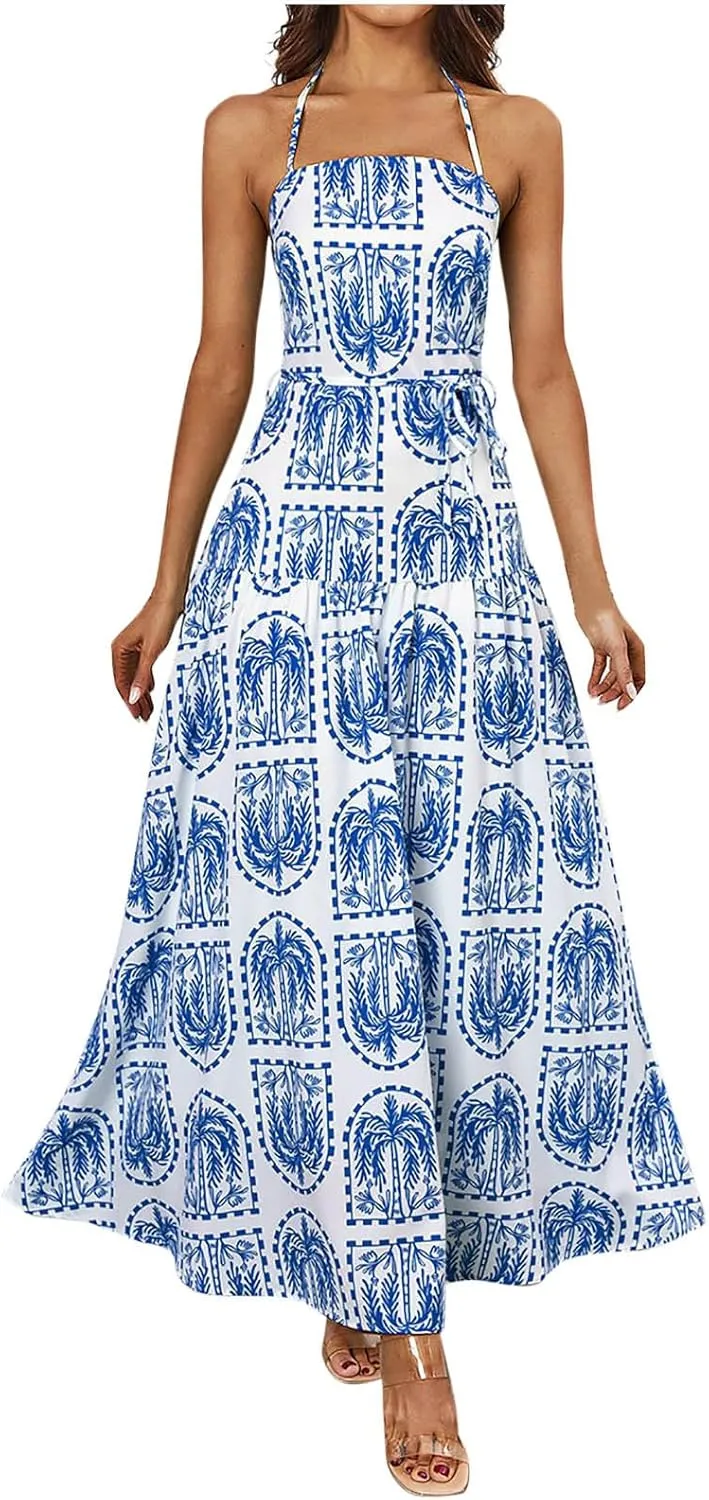 Women Boho Halter A-Line Dress Hawaiian Palm Tree Print High Waist Midi Dresses Lace-Up Beach Vacation Sundress
