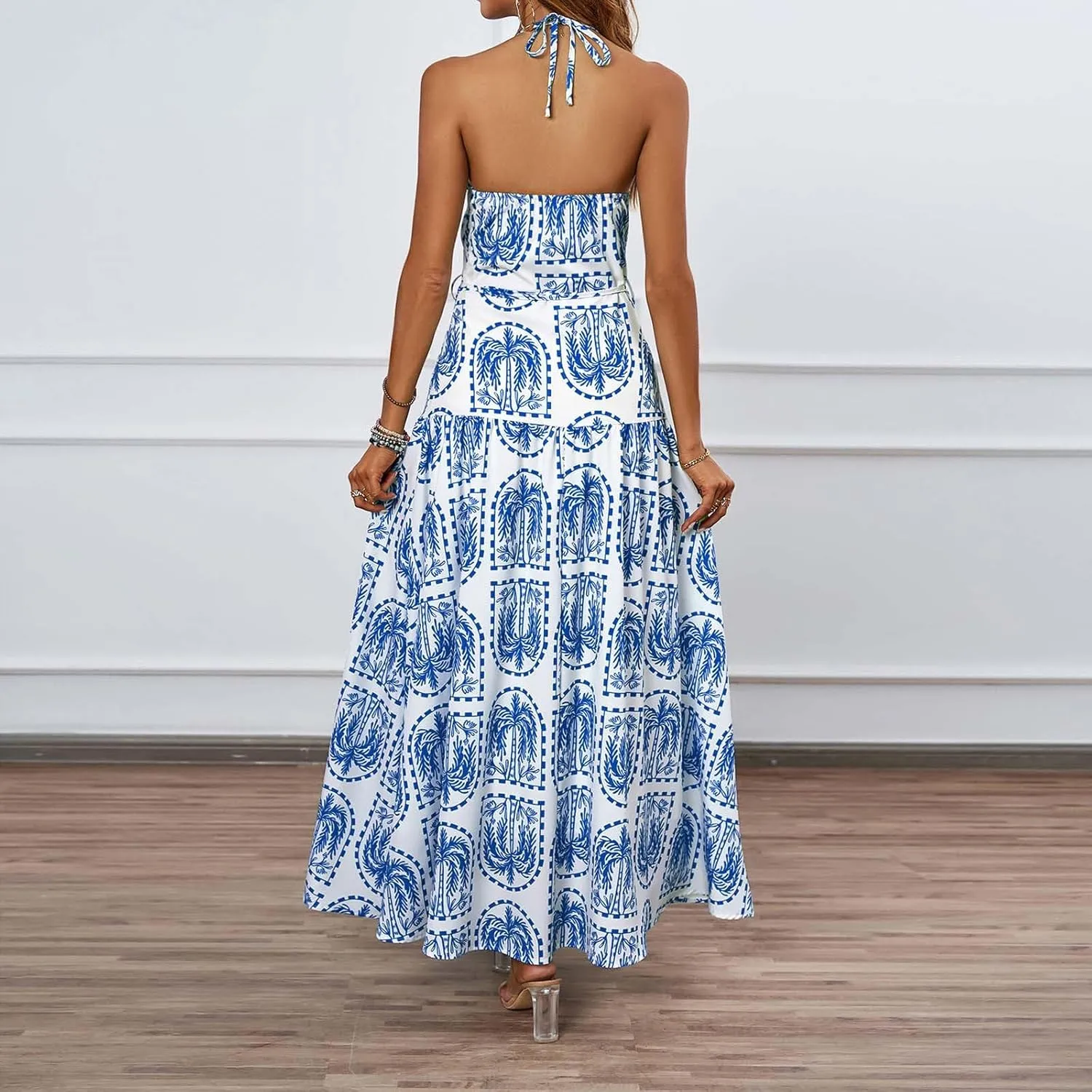 Women Boho Halter A-Line Dress Hawaiian Palm Tree Print High Waist Midi Dresses Lace-Up Beach Vacation Sundress