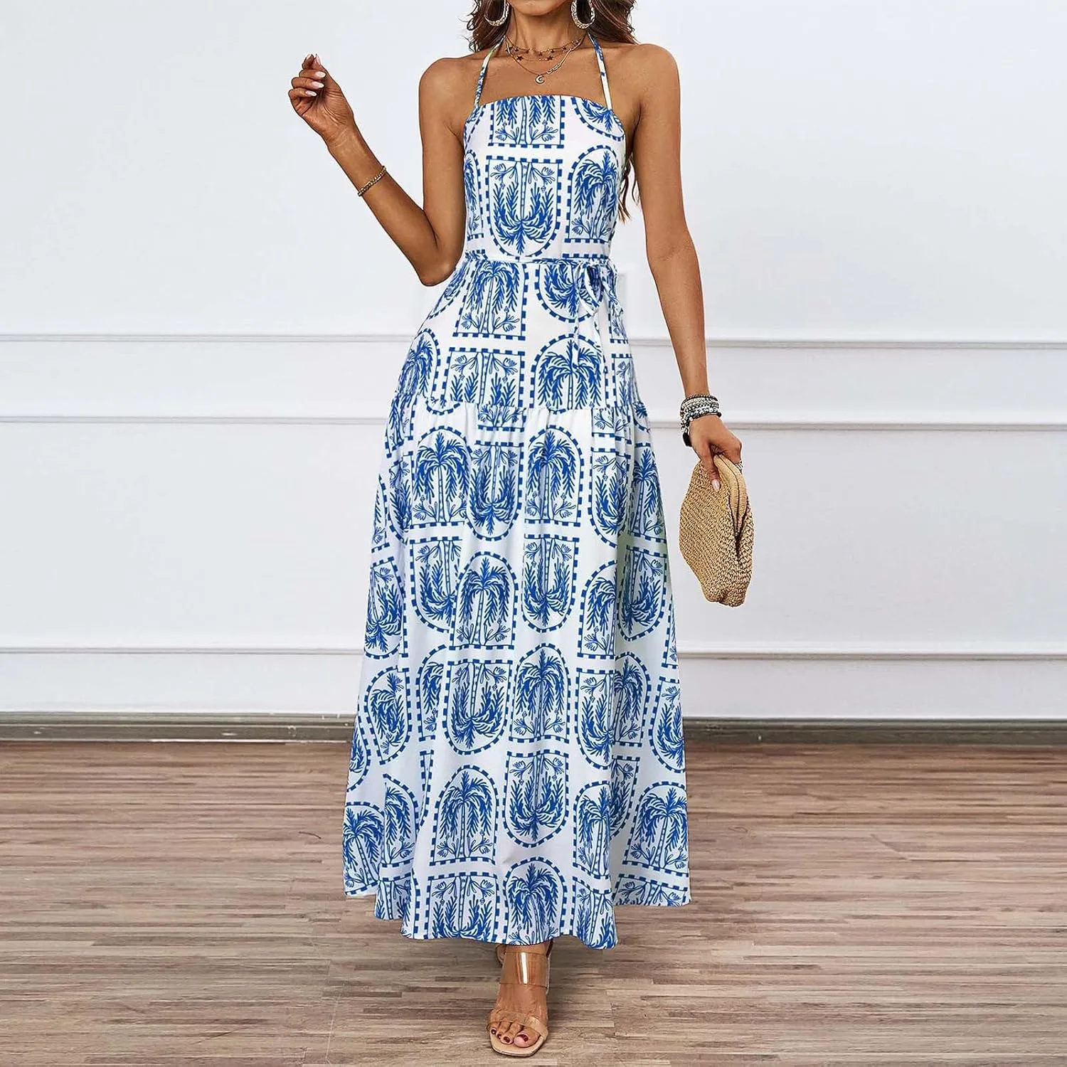 Women Boho Halter A-Line Dress Hawaiian Palm Tree Print High Waist Midi Dresses Lace-Up Beach Vacation Sundress