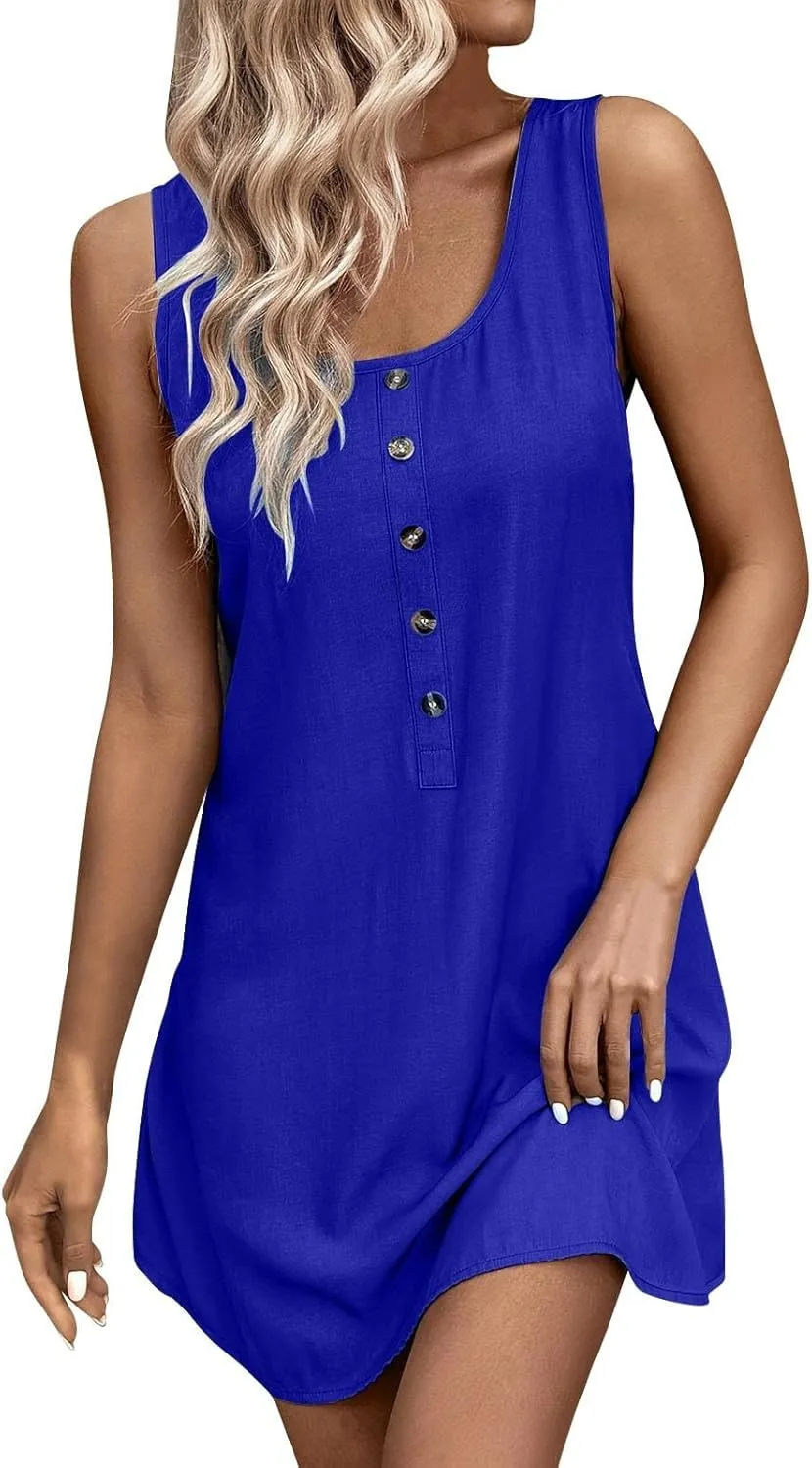 Women Button Boatneck Tank Dress Summer Sleeveless Beach Mini Sundress Fashion Casual Little Short Flared Dresses