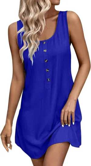Women Button Boatneck Tank Dress Summer Sleeveless Beach Mini Sundress Fashion Casual Little Short Flared Dresses