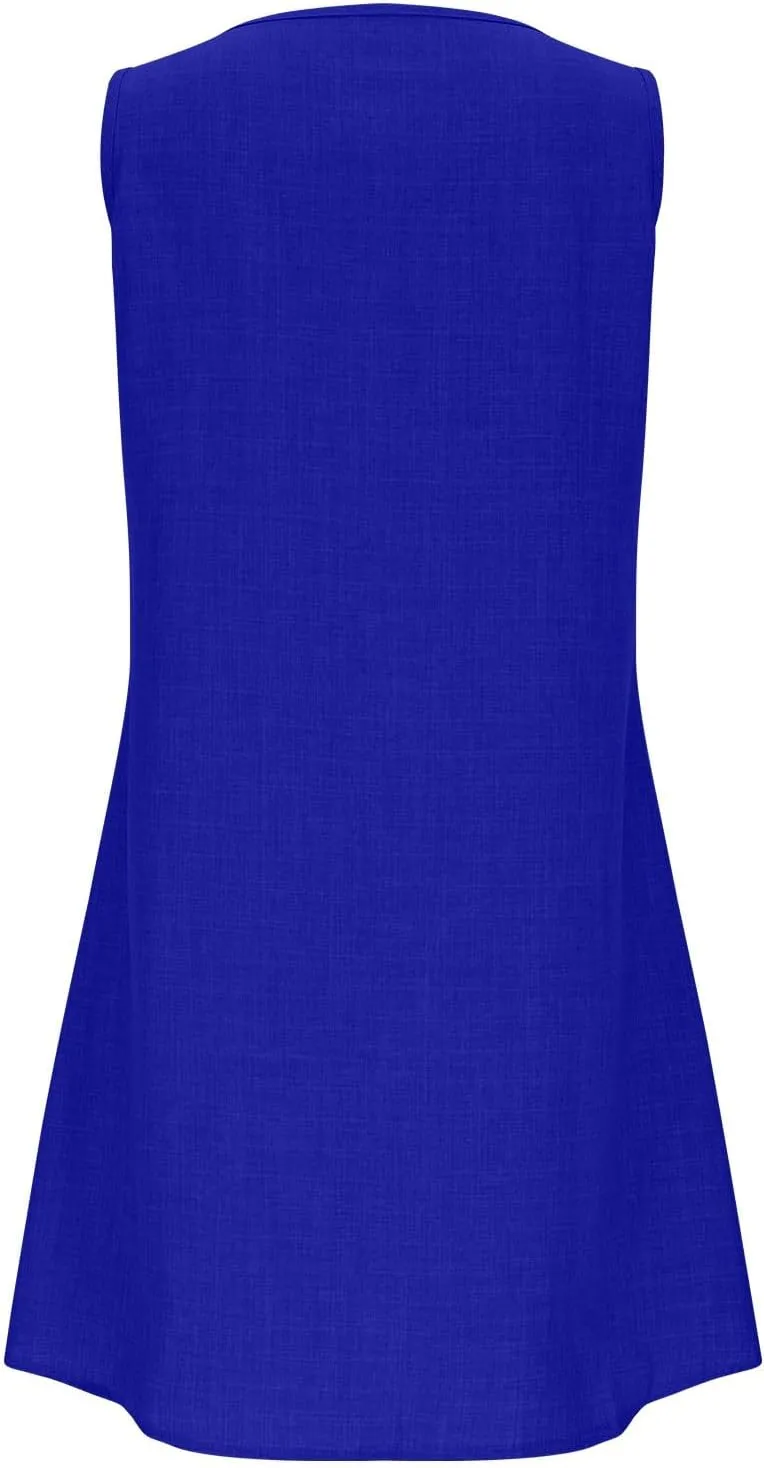 Women Button Boatneck Tank Dress Summer Sleeveless Beach Mini Sundress Fashion Casual Little Short Flared Dresses