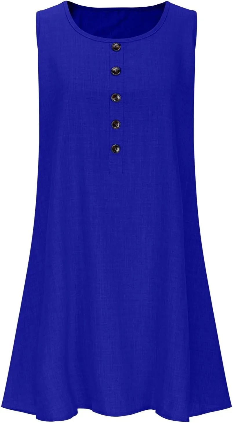 Women Button Boatneck Tank Dress Summer Sleeveless Beach Mini Sundress Fashion Casual Little Short Flared Dresses