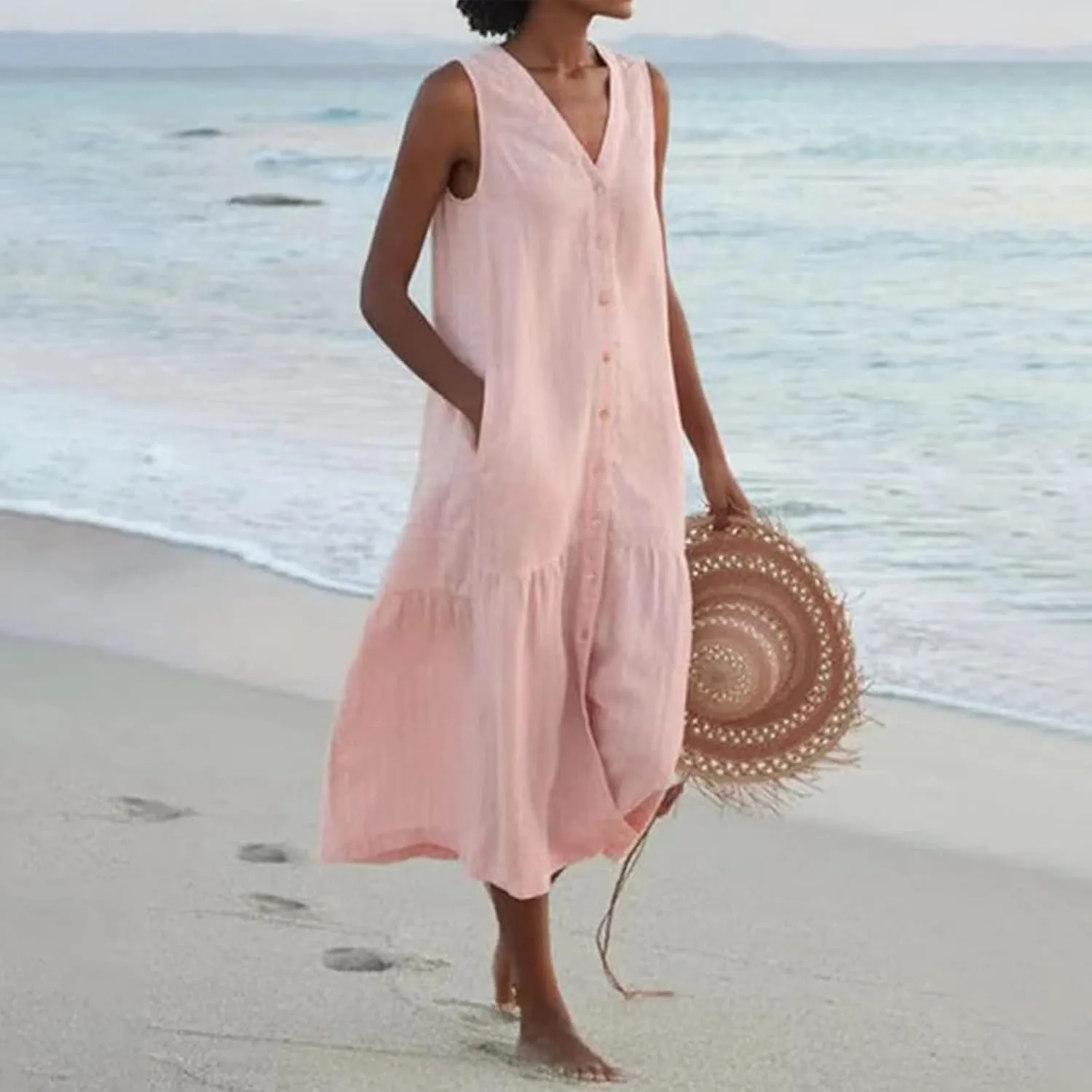 Women Button Down Tank Dress Cotton Linen Pleated Hem Swing Dresses Summer Casual Sleeveless V Neck Midi Dresses