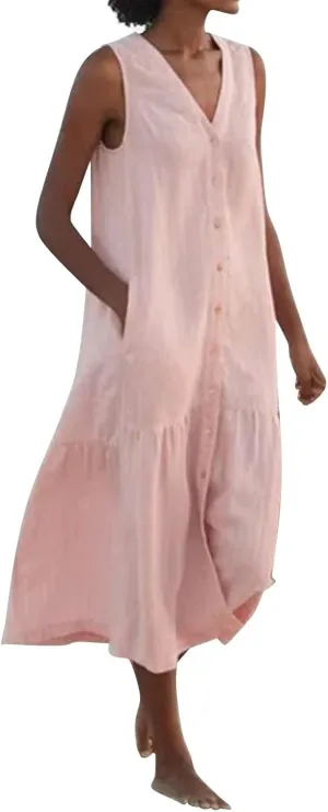 Women Button Down Tank Dress Cotton Linen Pleated Hem Swing Dresses Summer Casual Sleeveless V Neck Midi Dresses
