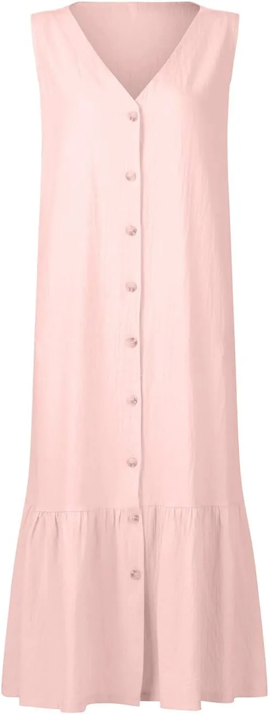 Women Button Down Tank Dress Cotton Linen Pleated Hem Swing Dresses Summer Casual Sleeveless V Neck Midi Dresses