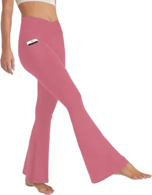 Women Flare Leggings with Side Pockets,Crossover Yoga Pants Bootleg High Waisted Stretchy Control Gym Workout Pants