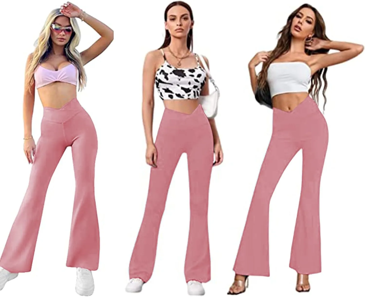 Women Flare Leggings with Side Pockets,Crossover Yoga Pants Bootleg High Waisted Stretchy Control Gym Workout Pants