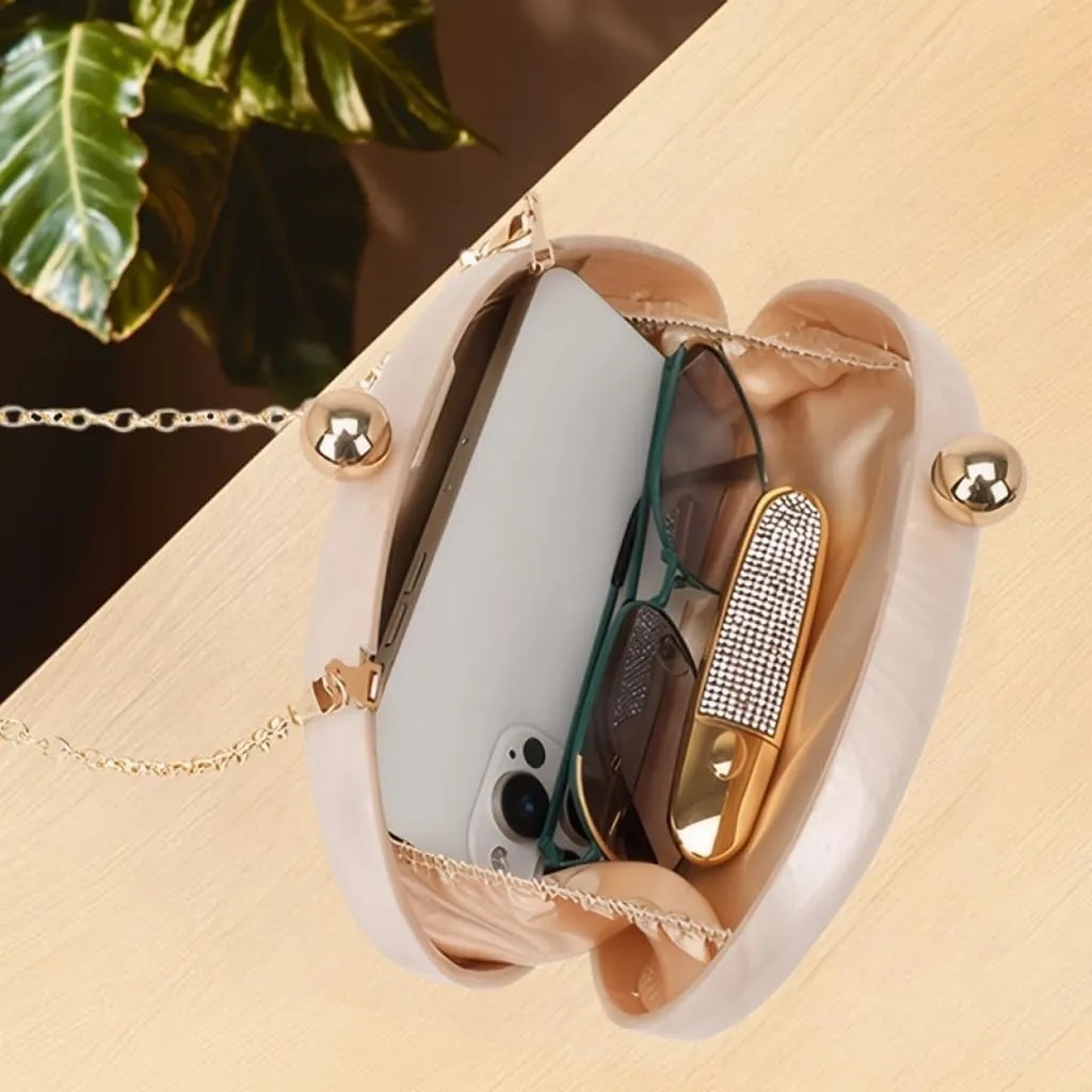 Women Glitter Shell Acrylic Evening Bag Fashion Clutch Handbag with Removable Chain for Tea Party Wedding Dating