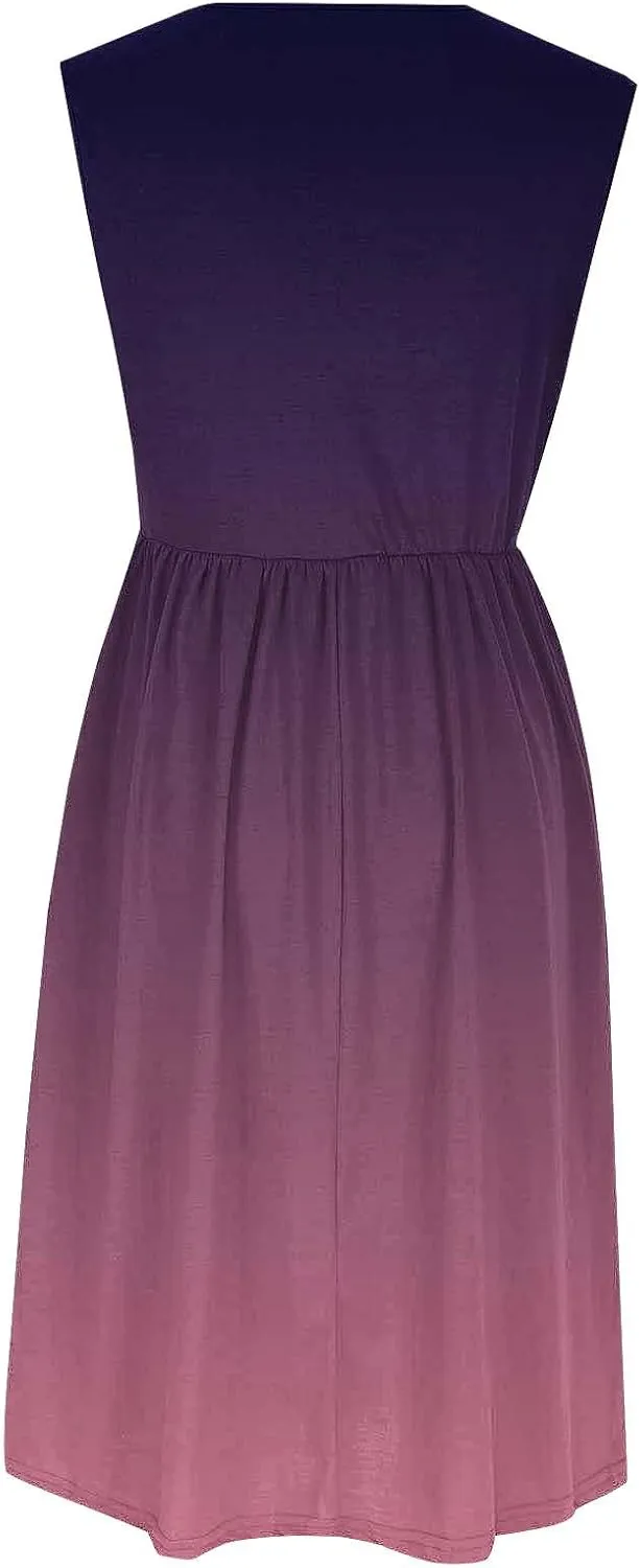 Women Gradient Tank A-Line Dresses Summer Sleeveless High Waist Midi Dress Casual Flowy Beach Sundress with Pockets
