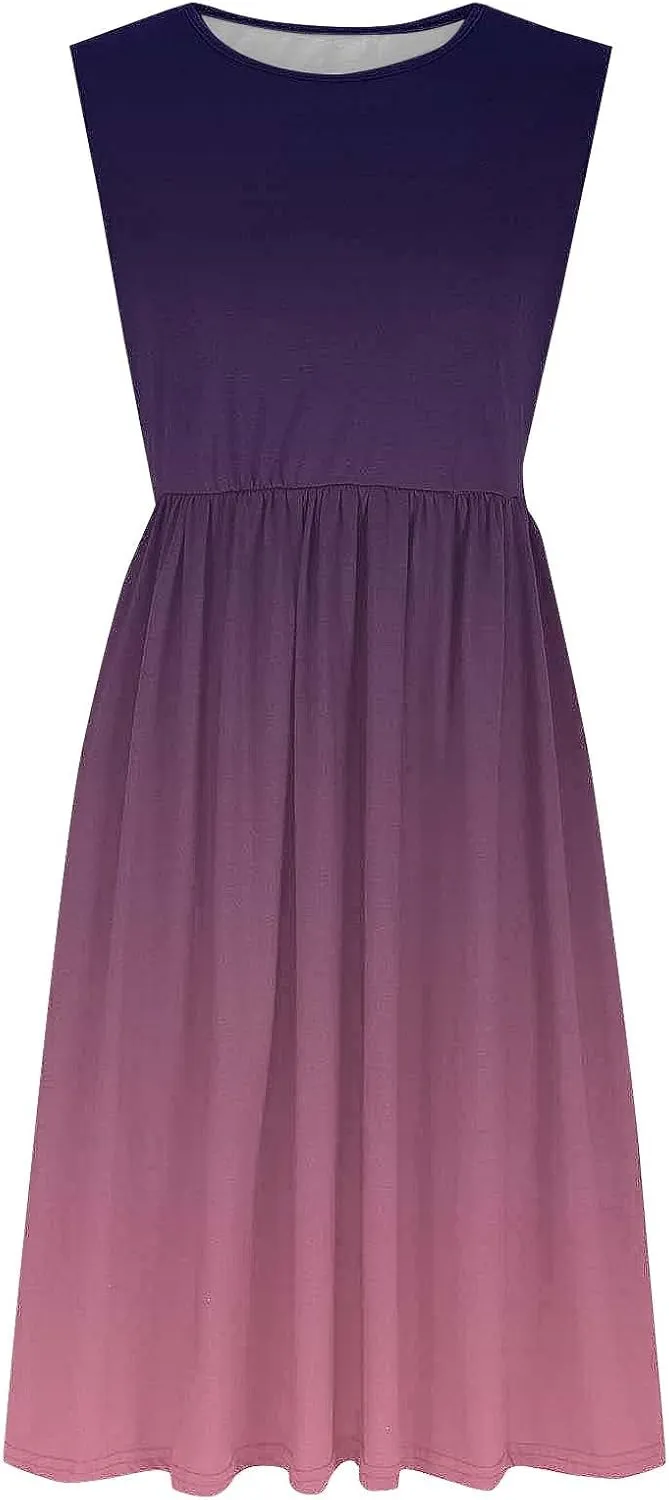 Women Gradient Tank A-Line Dresses Summer Sleeveless High Waist Midi Dress Casual Flowy Beach Sundress with Pockets