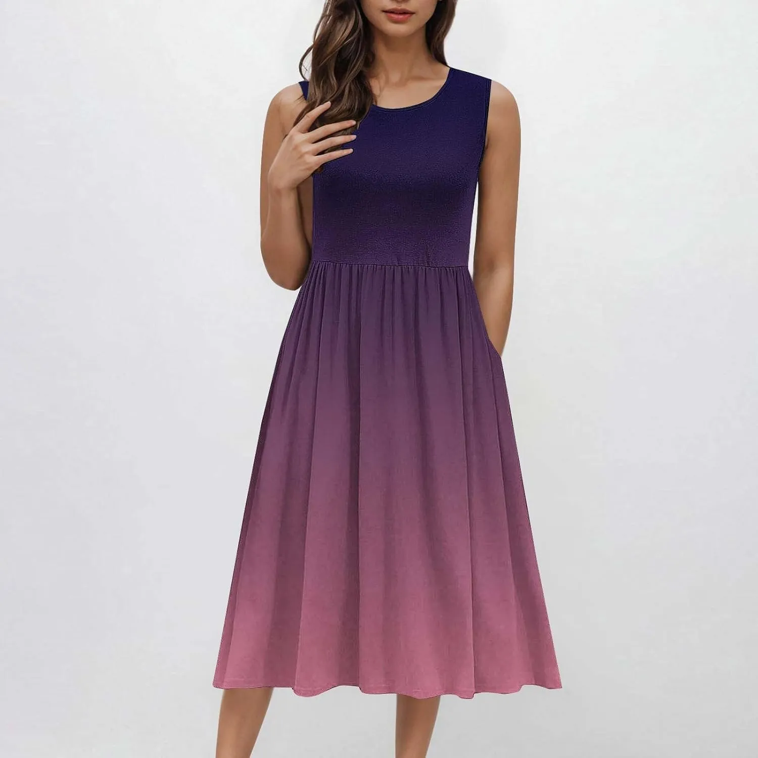 Women Gradient Tank A-Line Dresses Summer Sleeveless High Waist Midi Dress Casual Flowy Beach Sundress with Pockets