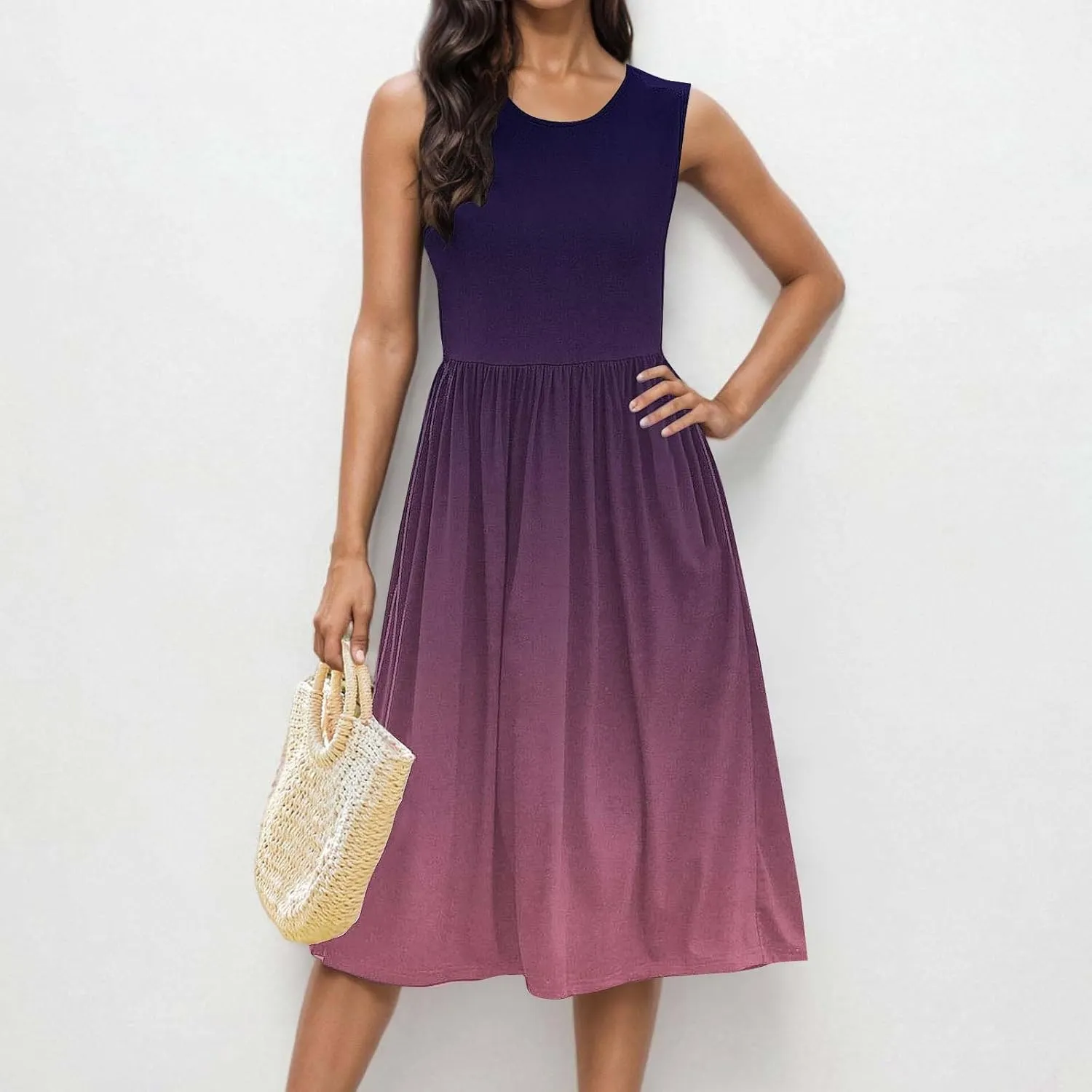 Women Gradient Tank A-Line Dresses Summer Sleeveless High Waist Midi Dress Casual Flowy Beach Sundress with Pockets