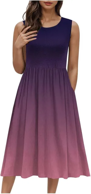 Women Gradient Tank A-Line Dresses Summer Sleeveless High Waist Midi Dress Casual Flowy Beach Sundress with Pockets