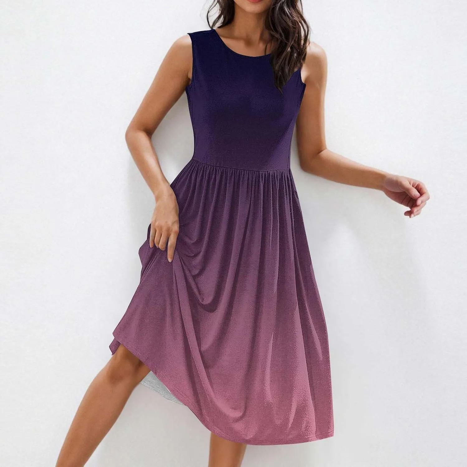 Women Gradient Tank A-Line Dresses Summer Sleeveless High Waist Midi Dress Casual Flowy Beach Sundress with Pockets