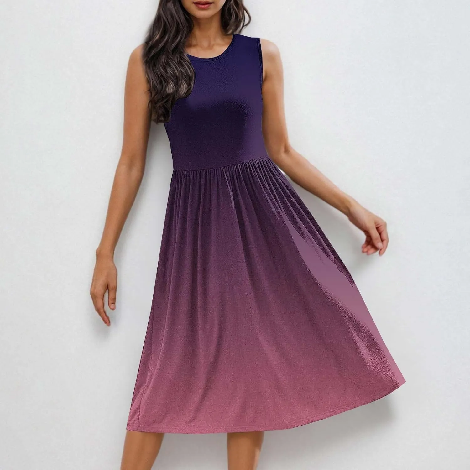 Women Gradient Tank A-Line Dresses Summer Sleeveless High Waist Midi Dress Casual Flowy Beach Sundress with Pockets