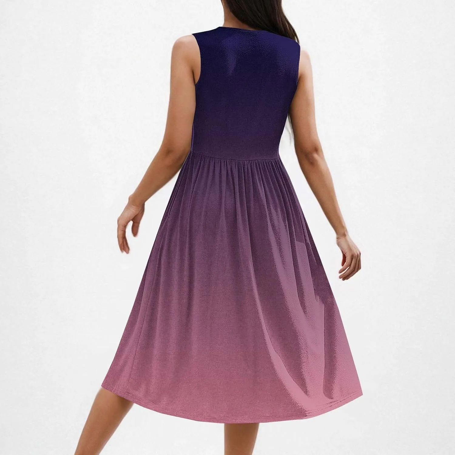 Women Gradient Tank A-Line Dresses Summer Sleeveless High Waist Midi Dress Casual Flowy Beach Sundress with Pockets