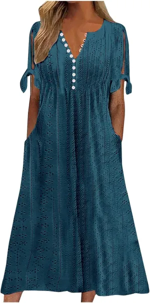 Women Hollow Eyelet Midi Dress Summer Fashion Tie Knot Short Sleeve Shirt Dresses Casual Button V Neck A-Line Dress