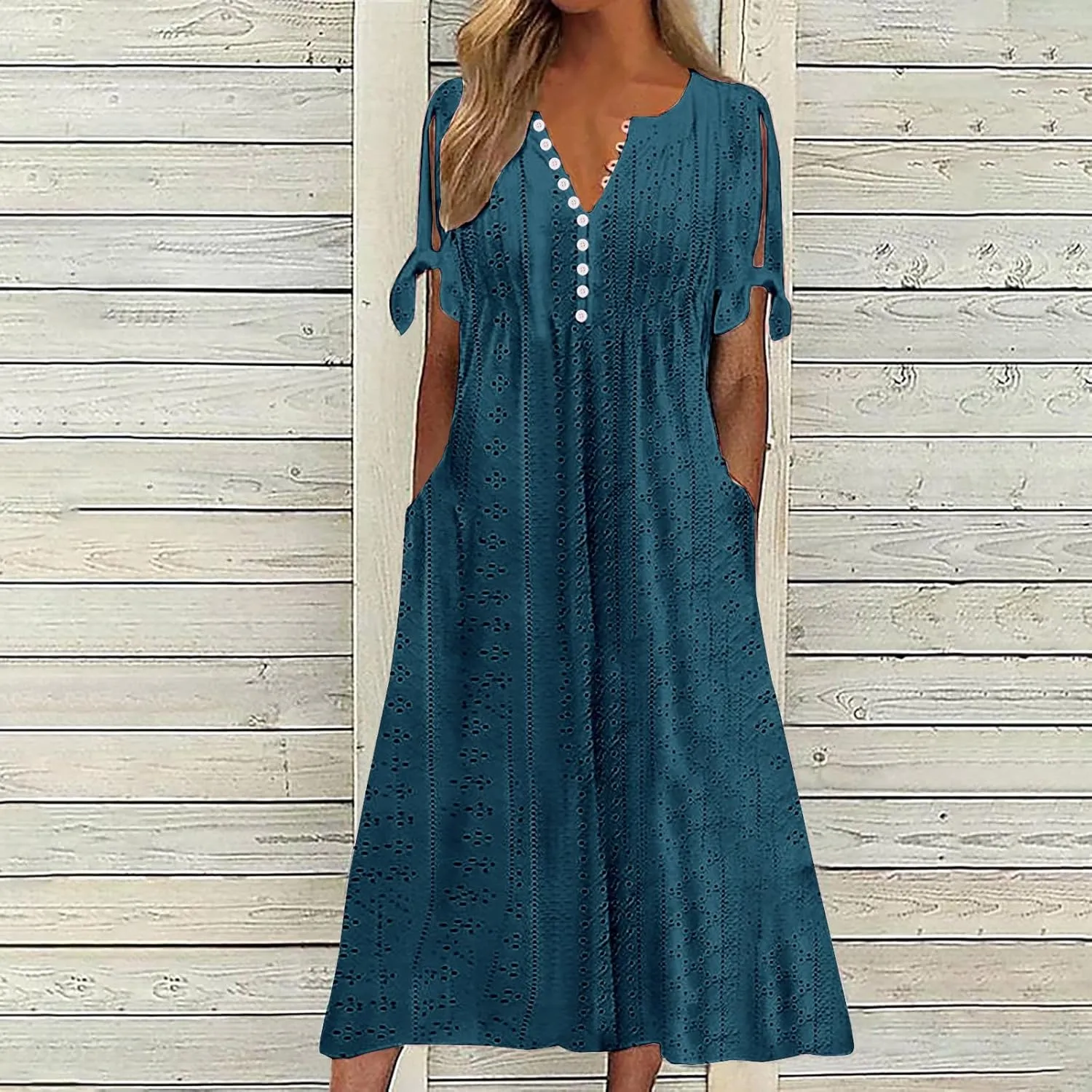 Women Hollow Eyelet Midi Dress Summer Fashion Tie Knot Short Sleeve Shirt Dresses Casual Button V Neck A-Line Dress