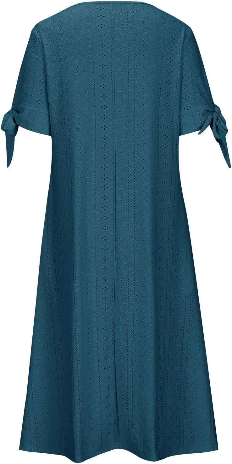 Women Hollow Eyelet Midi Dress Summer Fashion Tie Knot Short Sleeve Shirt Dresses Casual Button V Neck A-Line Dress