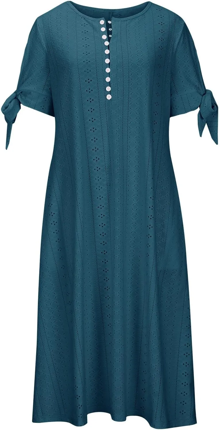 Women Hollow Eyelet Midi Dress Summer Fashion Tie Knot Short Sleeve Shirt Dresses Casual Button V Neck A-Line Dress