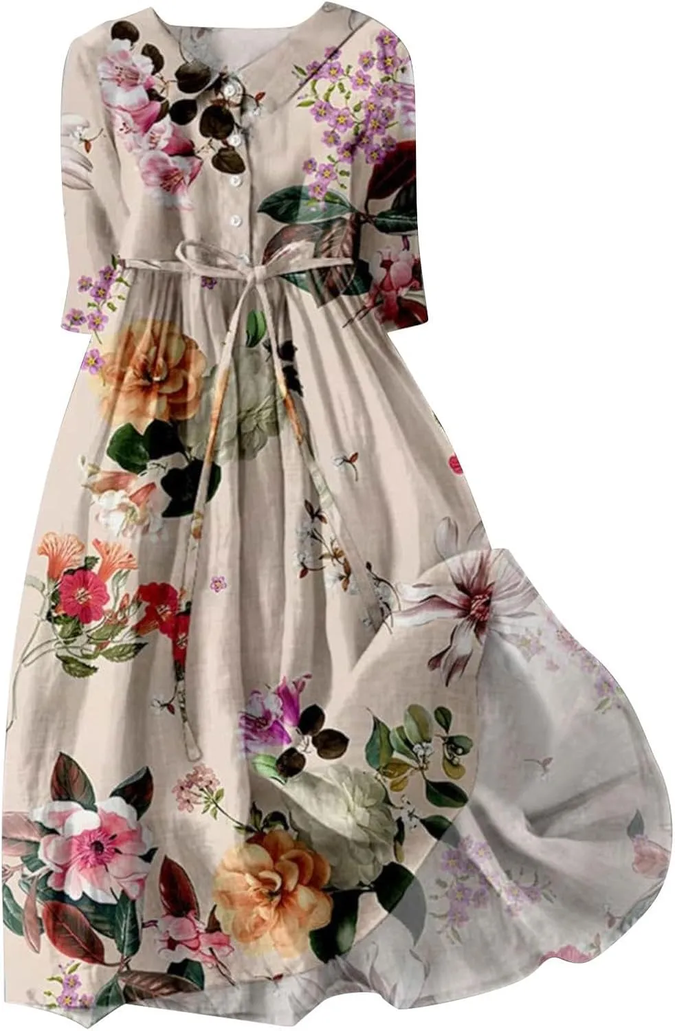 Women Korean Style Lace-Up Waist-Defined Henley Shirt Dress Summer Cotton Linen Half Sleeve Casual A-Line Dresses