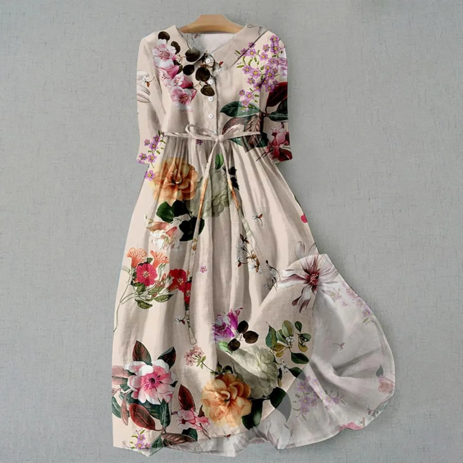 Women Korean Style Lace-Up Waist-Defined Henley Shirt Dress Summer Cotton Linen Half Sleeve Casual A-Line Dresses
