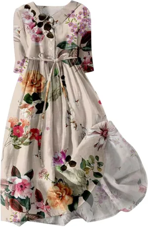 Women Korean Style Lace-Up Waist-Defined Henley Shirt Dress Summer Cotton Linen Half Sleeve Casual A-Line Dresses