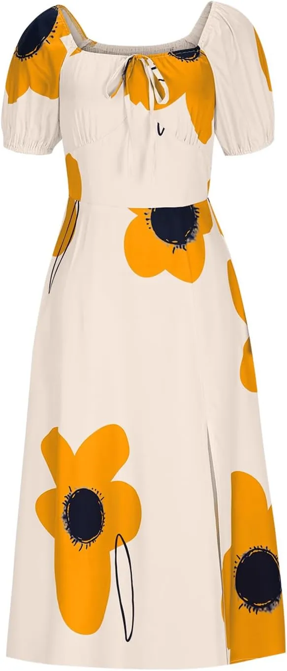 Women Off Shoulder A-Line Dresses Summer Cute Flower Print Puff Short Sleeve High Waist Dress Split Hem Midi Dress